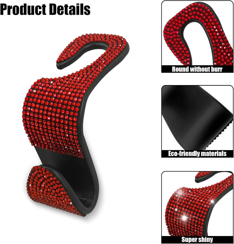 OSIFIT 2PCS Car Seat Hooks, Bling Rhinestone Headrest Hooks, Universal Bling Car Interior Accessories, for Handbag, Clothes, Purse, Water Bottle (Red) - Image 3
